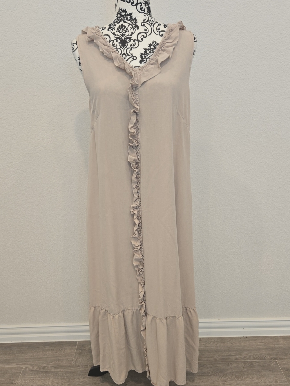Neutral Ruffle Front Sleeveless Maxi Dress